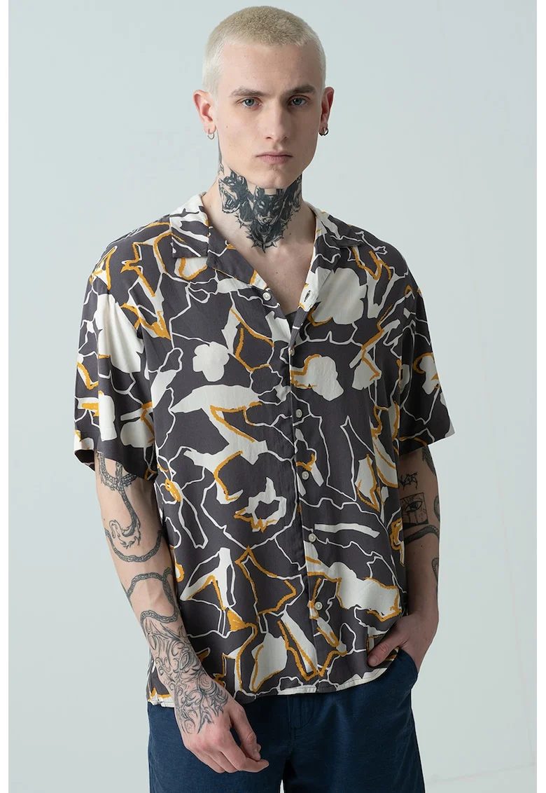 Camasa cu maneci scurte si model abstract Luke, Portocaliu/Alb murdar/Gri inchis