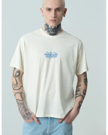 Tricou de bumbac cu decolteu la baza gatului, imprimeu grafic si text, Roz pastel/Albastru/Crem