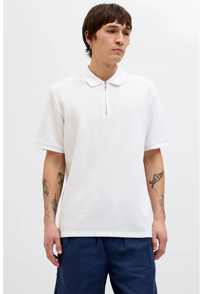Tricou polo din amestec de bumbac organic cu fenta cu fermoar, Alb