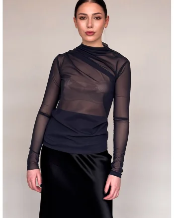 Bluza cambrata si transparenta cu guler, Negru