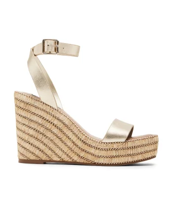 Sandale wedge de piele si piele ecologica, Auriu/Bej