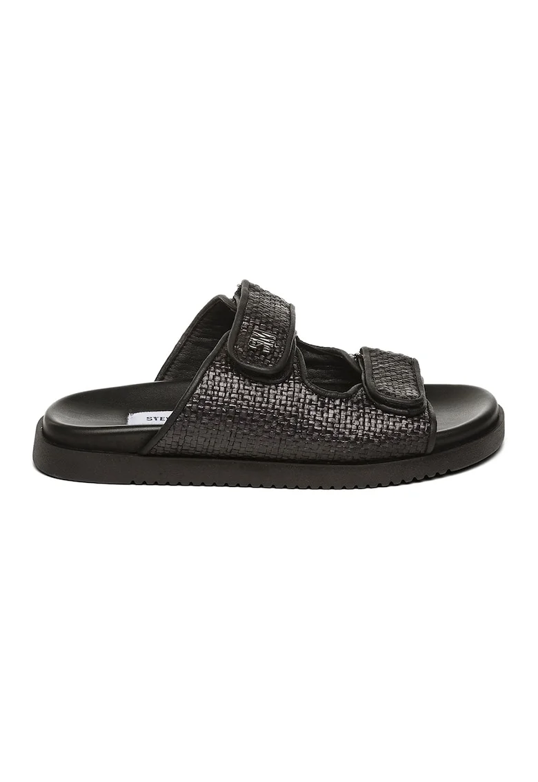 Papuci din piele ecologica cu velcro, Negru stins