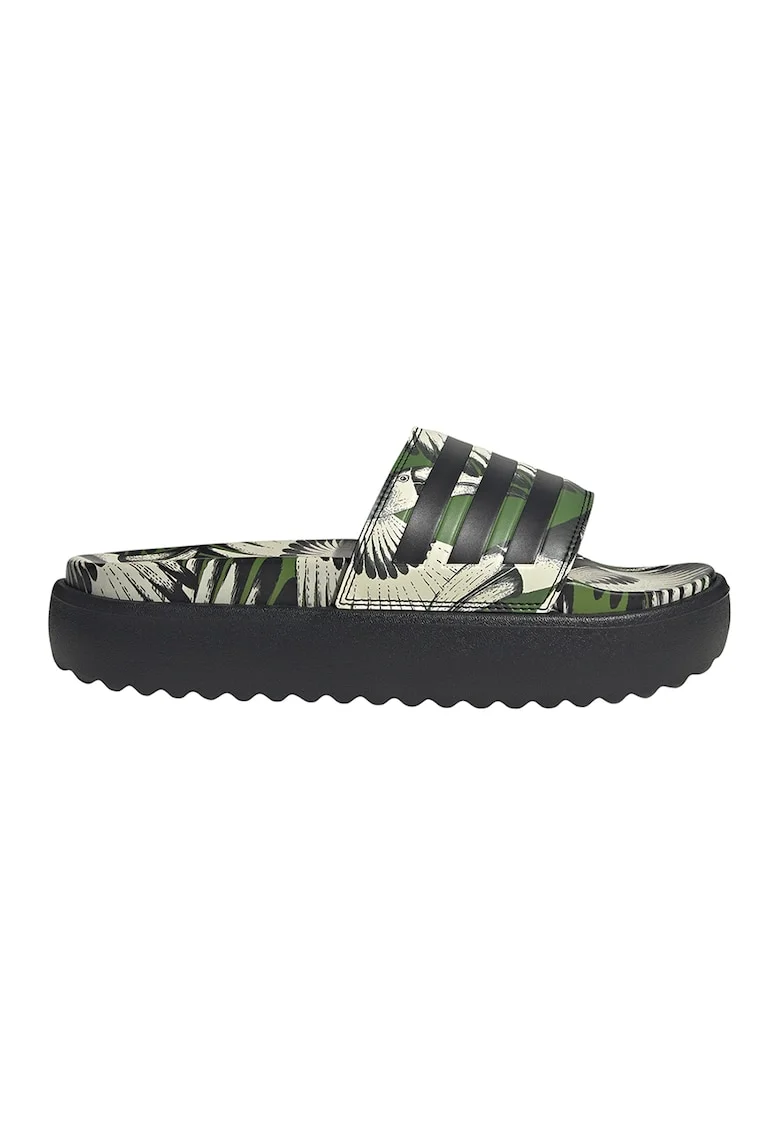 Papuci cu talpa flatform si model Adilette, Negru/Verde feriga/Crem