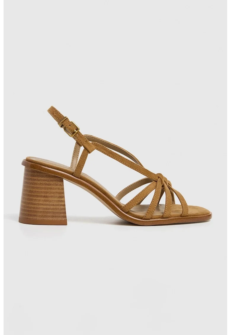 Sandale cu barete multiple si toc masiv, Caramel