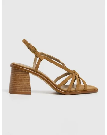 Sandale cu barete multiple si toc masiv, Caramel