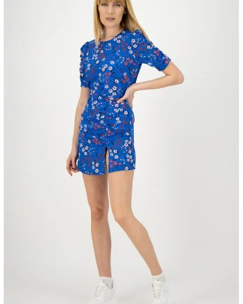 Rochie cu model floral si croiala in A Aitana, Albastru royal/Roz