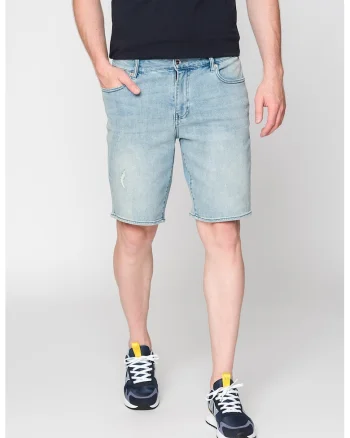 Bermude slim fit din denim cu aspect decolorat, Albastru deschis