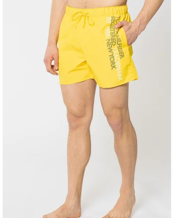 Pantaloni scurti de baie cu imprimeu logo, Galben sofran