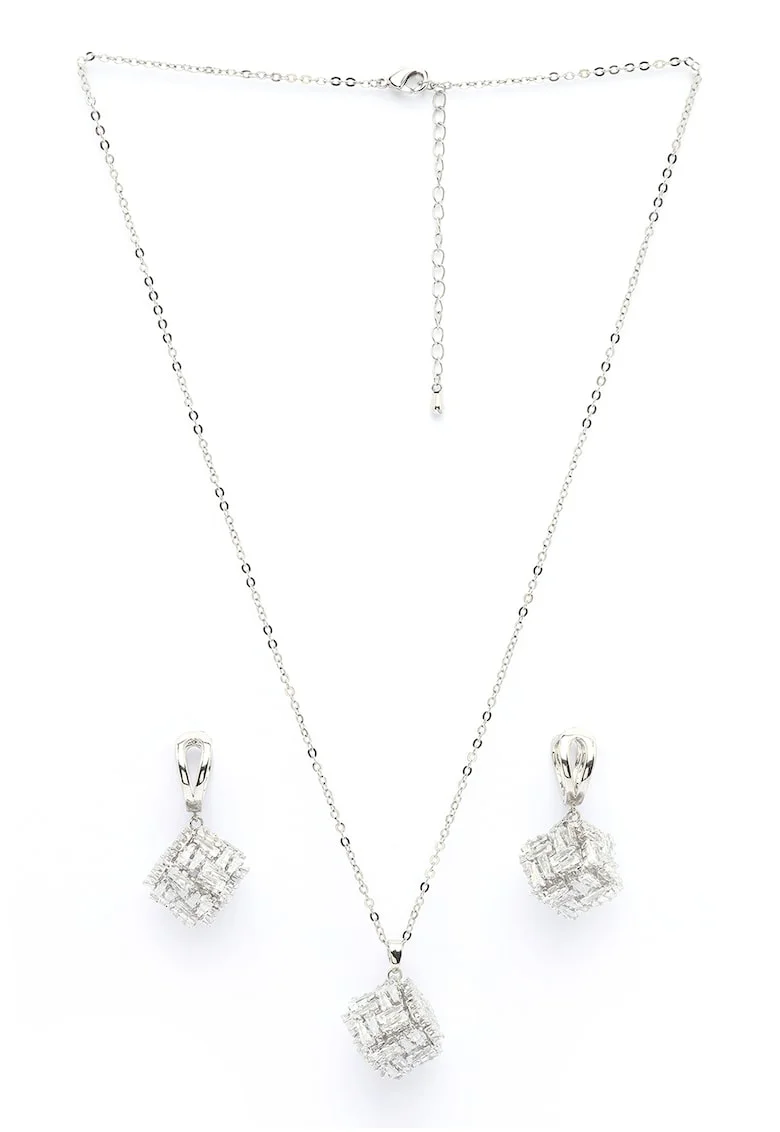 Set de cercei si colier Glittering Symphony, Argintiu/Transparent