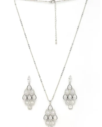 Set de cercei si colier Pearlescent Waterfall, Argintiu/Transparent