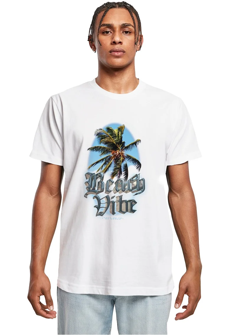 Tricou din bumbac cu decolteu la baza gatului, Alb/Albastru azur