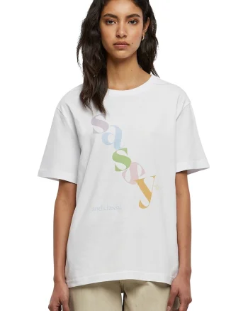 Tricou unisex din bumbac cu imprimeu text, Alb/Verde/Violet