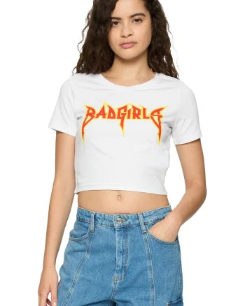 Tricou crop cu imprimeu text, Rosu/Alb/Galben