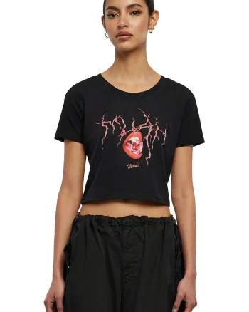 Tricou crop cu imprimeu grafic, Negru/Caramiziu