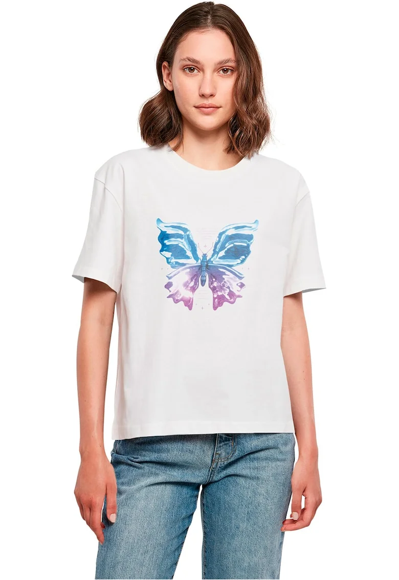 Tricou cu imprimeu fluture pe partea din fata, Alb/Violet/Albastru royal