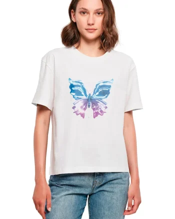 Tricou cu imprimeu fluture pe partea din fata, Alb/Violet/Albastru royal