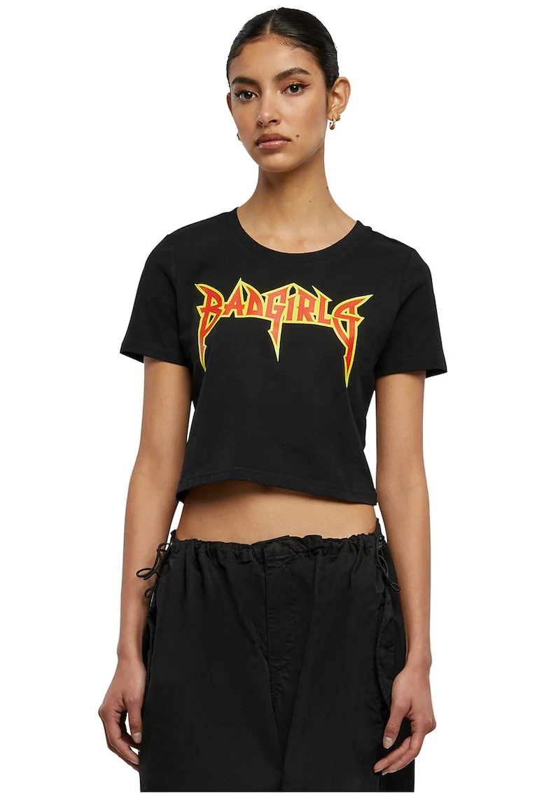 Tricou crop cu imprimeu text, Rosu/Negru/Galben