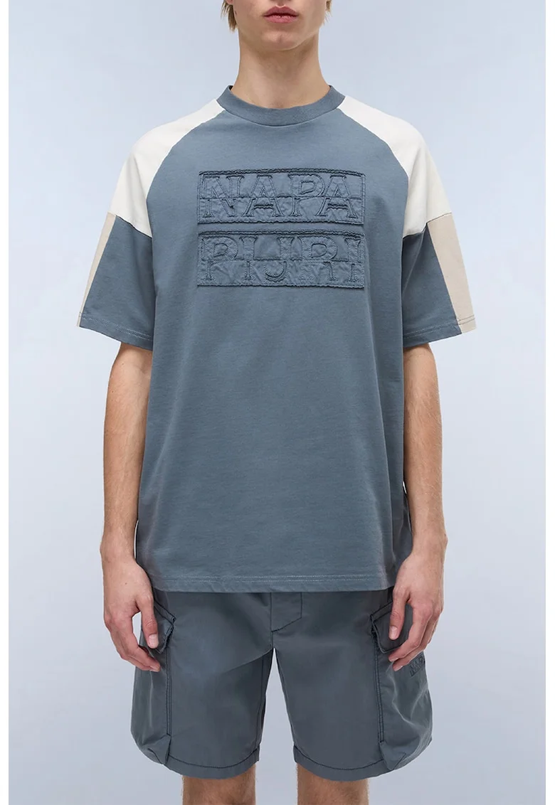 Tricou cu decolteu la baza gatului si imprimeu, Albastru prafuit/Crem