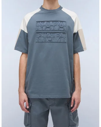 Tricou cu decolteu la baza gatului si imprimeu, Albastru prafuit/Crem