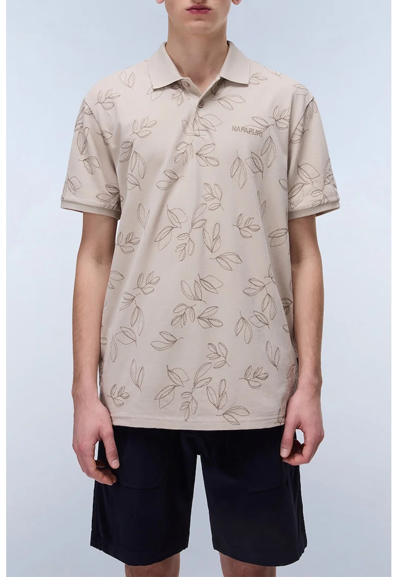 Tricou cu guler polo si imprimeu, Maro taupe deschis