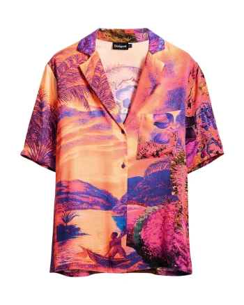 Camasa cu imprimeu si buzunar pe piept, Fucsia/Violet/Portocaliu mandarina