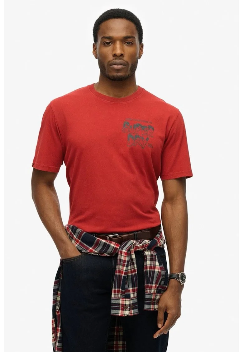 Tricou cu decolteu la baza gatului si imprimeu pe partea din spate, Rosu stins/Gri inchis