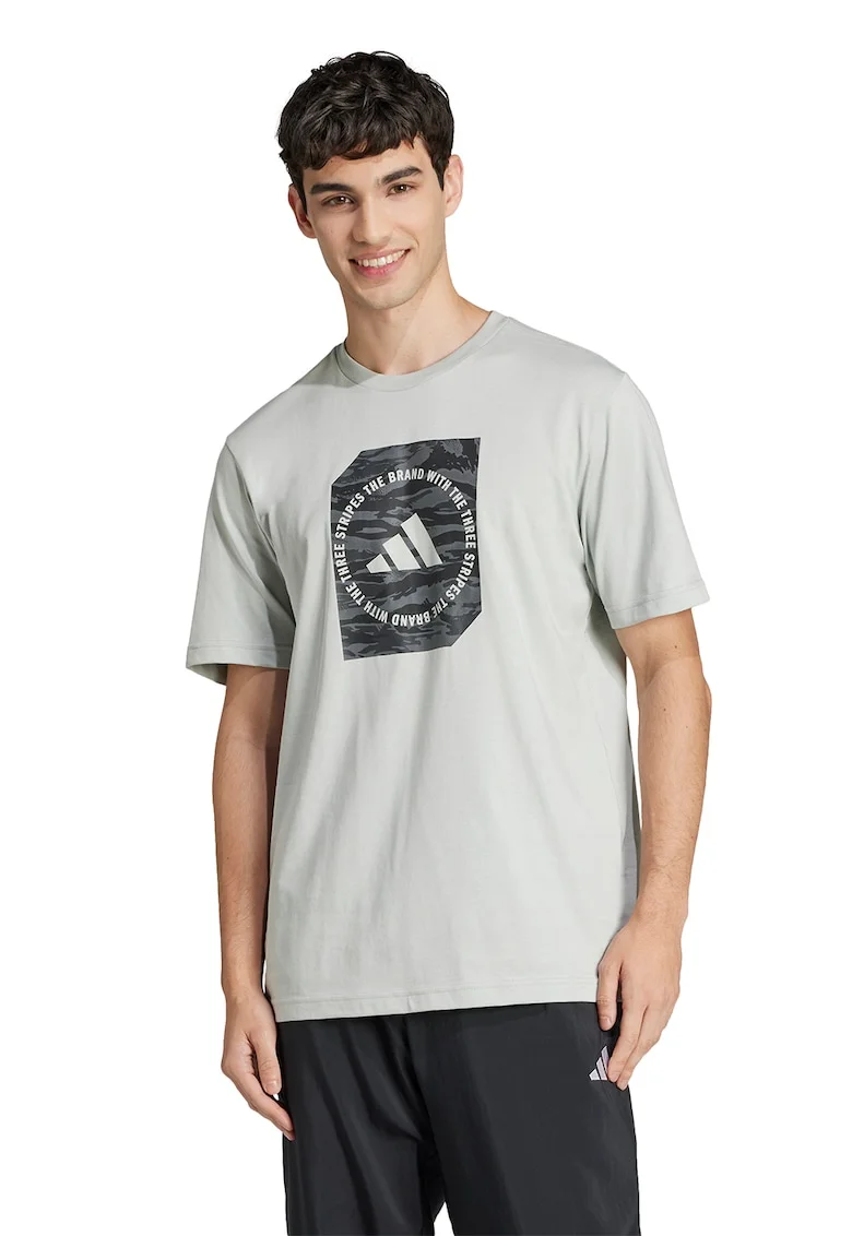 Tricou cu decolteu la baza gatului si imprimeu logo, Negru/Gri cenusiu