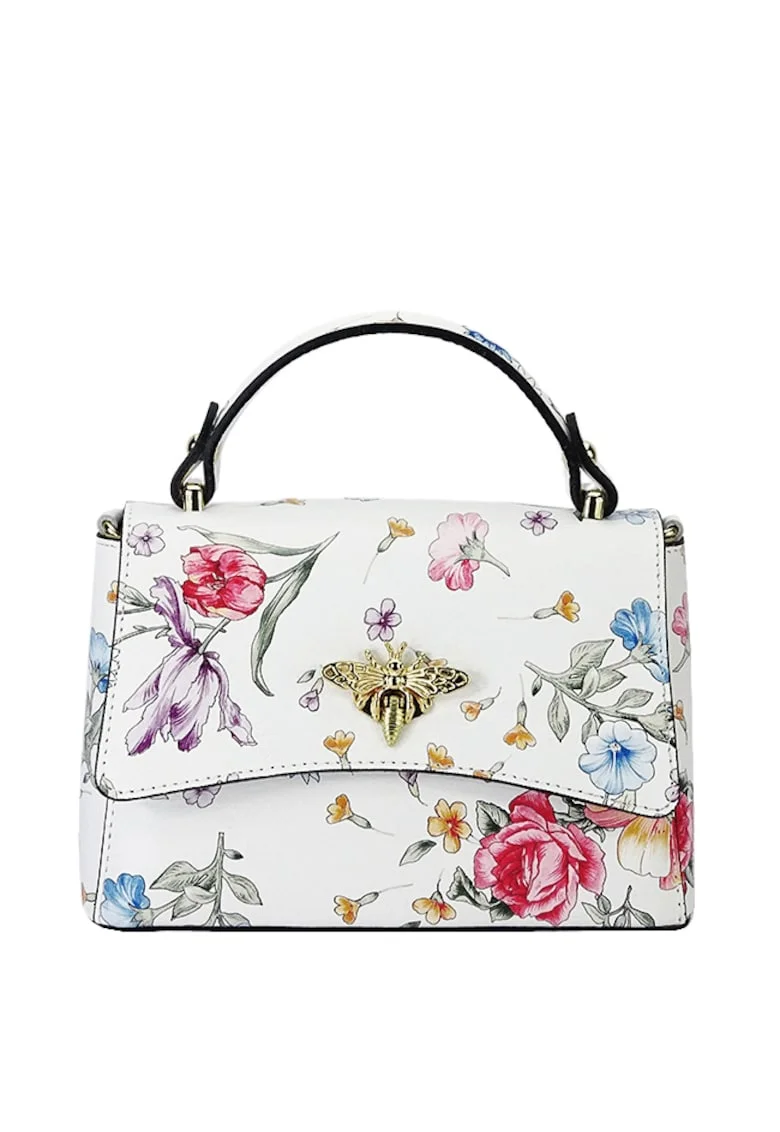 Geanta mica alba cu imprimeu floral din piele naturala 1523 120 16906, Alb