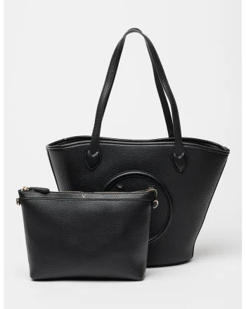Set de geanta shopper din piele ecologica si etui, Negru