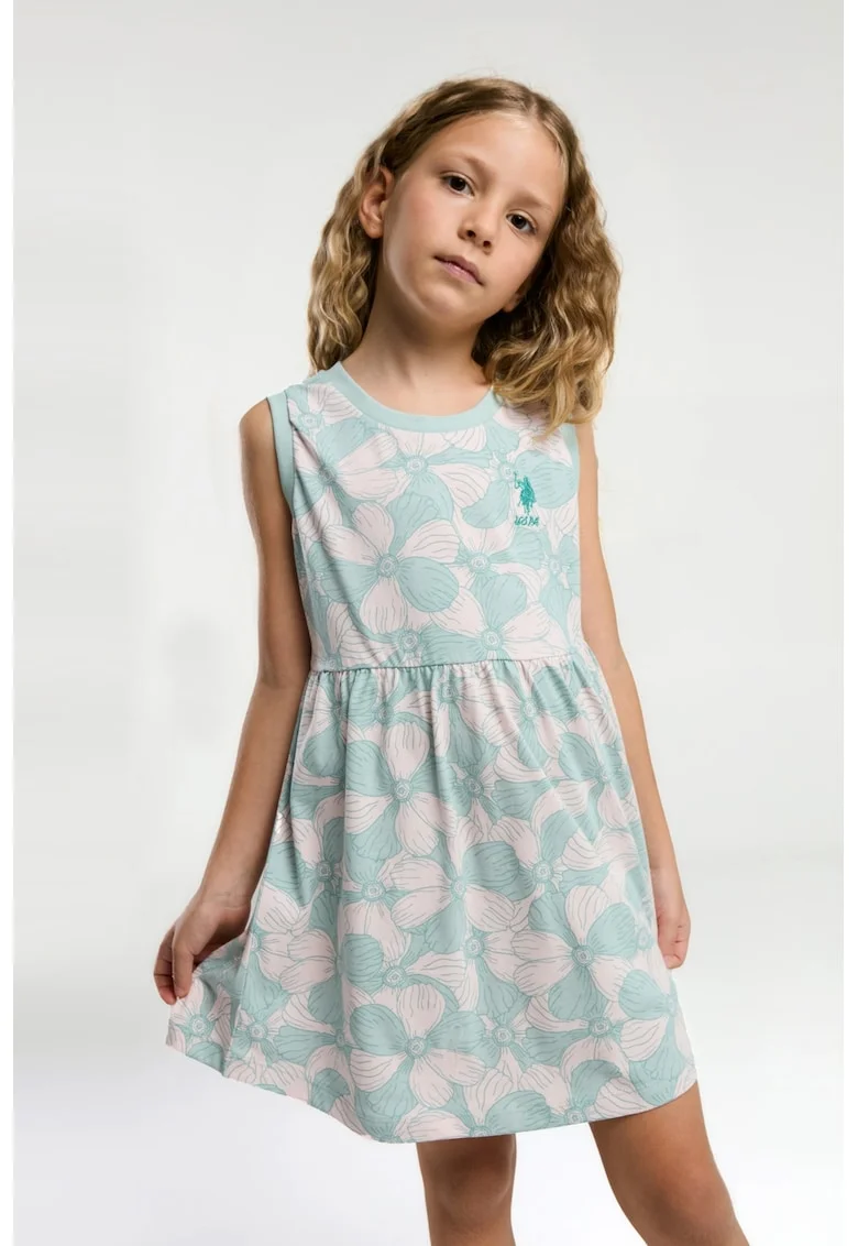Rochie scurta evazata cu model floral, Alb fildes/Turcoaz