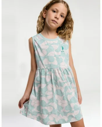 Rochie scurta evazata cu model floral, Alb fildes/Turcoaz