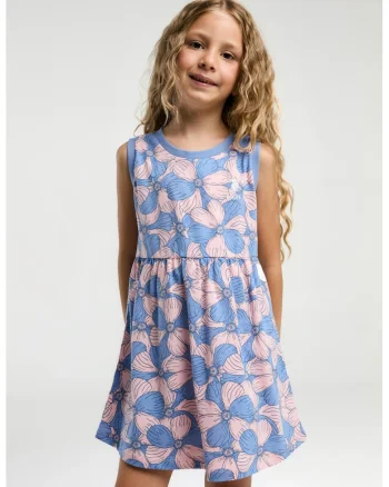 Rochie scurta evazata cu model floral, Albastru lavanda/Roz pal