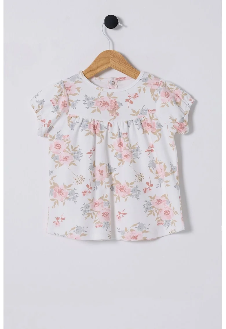Rochie de bumbac cu model floral, Alb/Roz pastel/Bej inchis