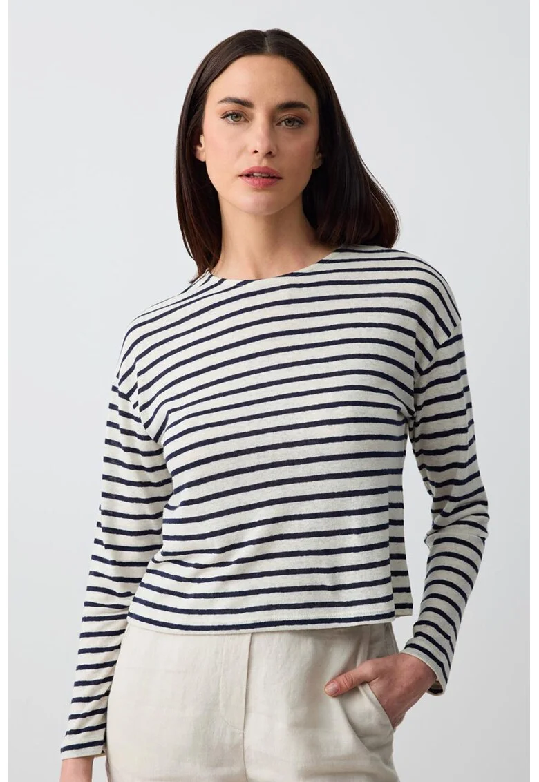 Bluza din amestec de in cu dungi si maneci cazute, Alb murdar/Bleumarin