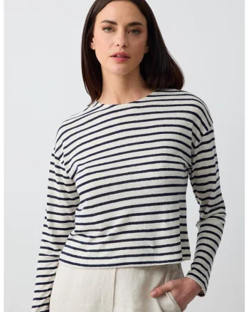 Bluza din amestec de in cu dungi si maneci cazute, Alb murdar/Bleumarin