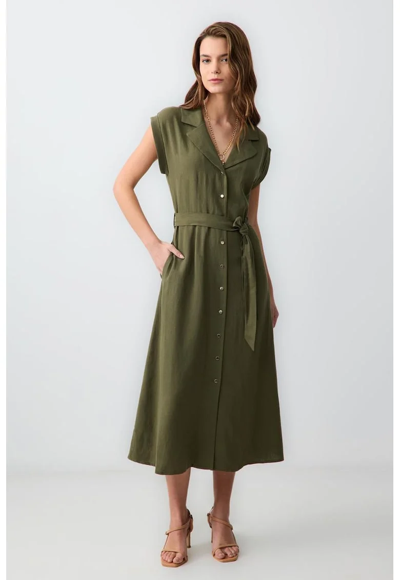 Rochie-camasa din amestec de in, Kaki