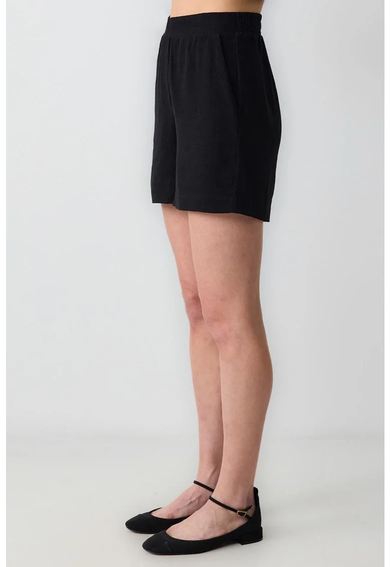 Pantaloni scurti din amestec de in cu talie inalta, Negru