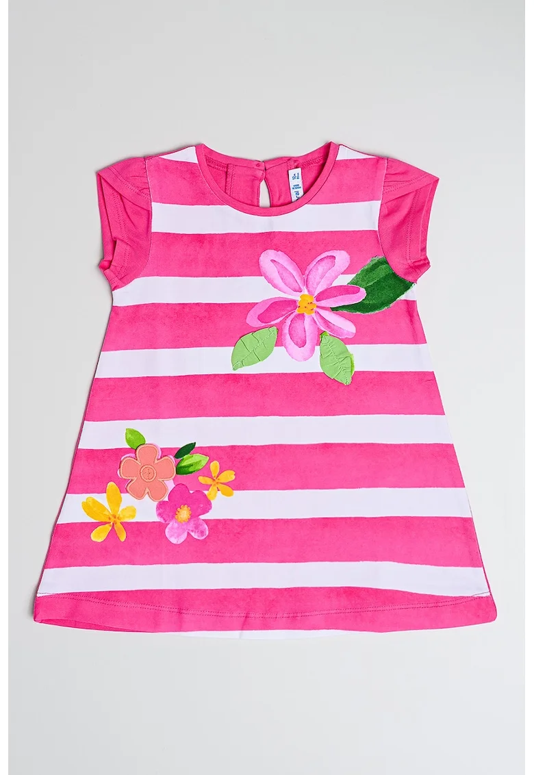 Rochie scurta cu croiala in A, imprimeu in dungi si model floral, Alb/Verde/Roz pastel