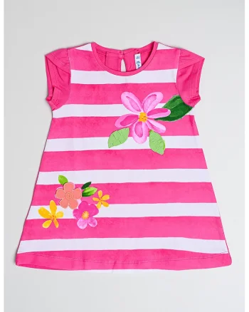 Rochie scurta cu croiala in A, imprimeu in dungi si model floral, Alb/Verde/Roz pastel