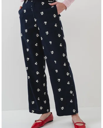 Pantaloni din amestec de in cu broderie Genoveva, Alb/Albastru ultramarin