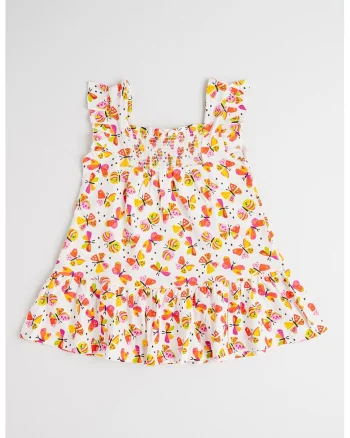 Rochie de bumbac cu imprimeu, Alb/Roz deschis/Verde fistic