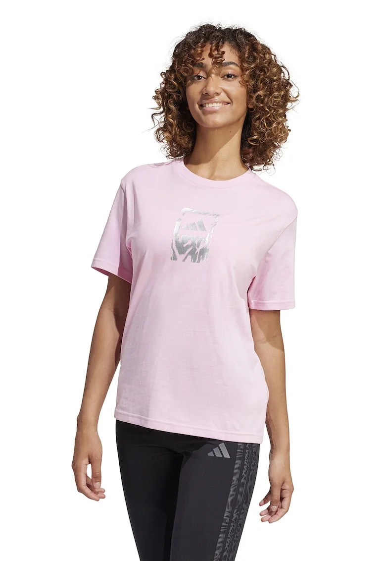 Tricou cu decolteu la baza gatului si imprimeu logo, Roz pal/Argintiu