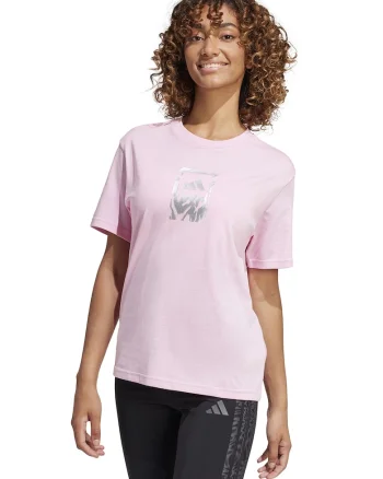 Tricou cu decolteu la baza gatului si imprimeu logo, Roz pal/Argintiu