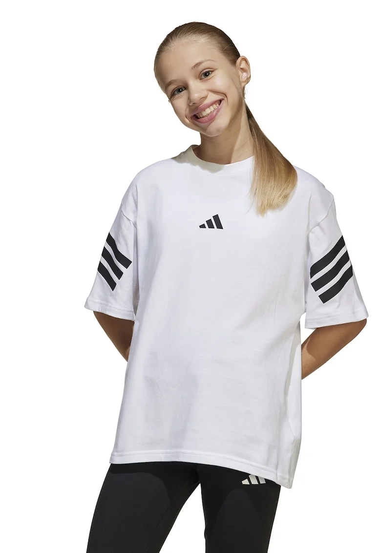 Tricou cu decolteu la baza gatului si logo, Alb/Negru