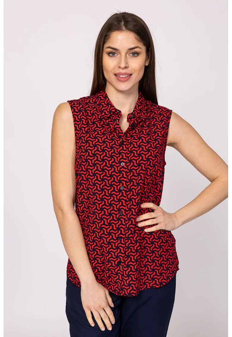 Camasa cu model geometric, fara maneci Ruanna, Rosu vermillion/Bleumarin