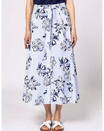 Fusta cu imprimeu floral Nida, Alb optic/Albastru