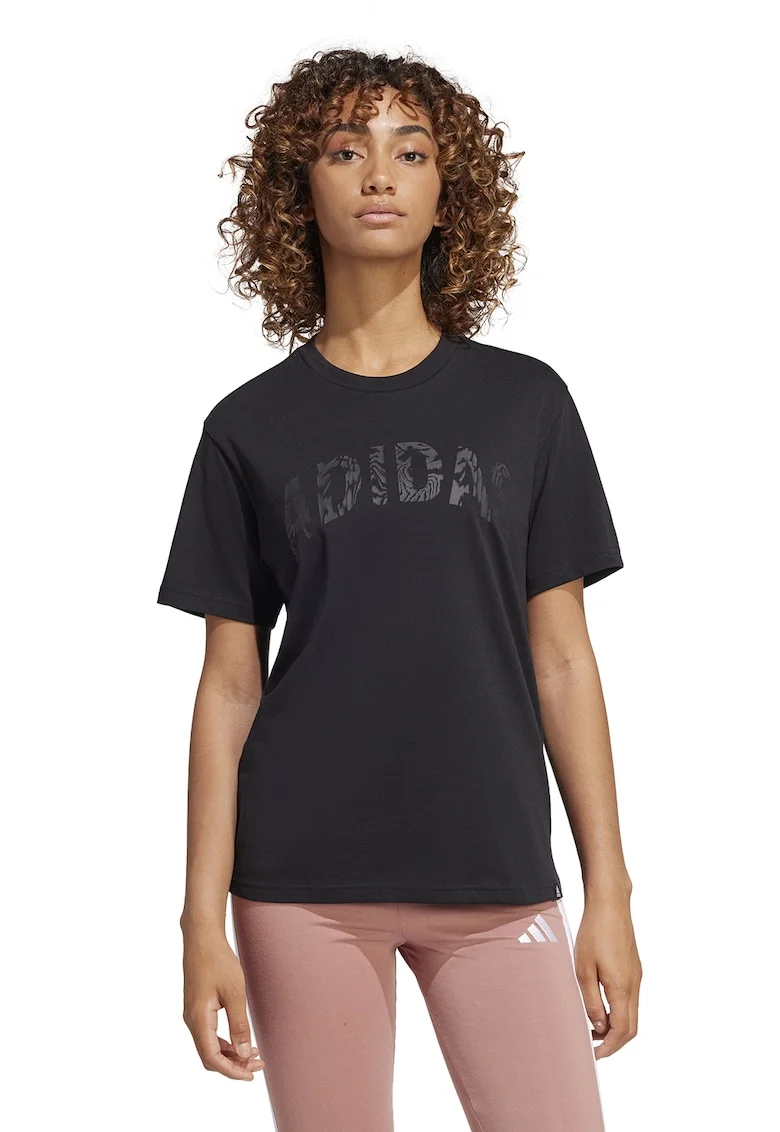 Tricou cu decolteu la baza gatului si imprimeu logo, Negru