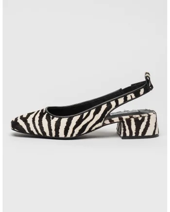Pantofi slingback din piele cu par scurt, Maro inchis/Alb murdar