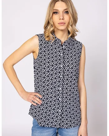 Camasa cu model geometric, fara maneci Ruanna, Alb/Albastru ultramarin