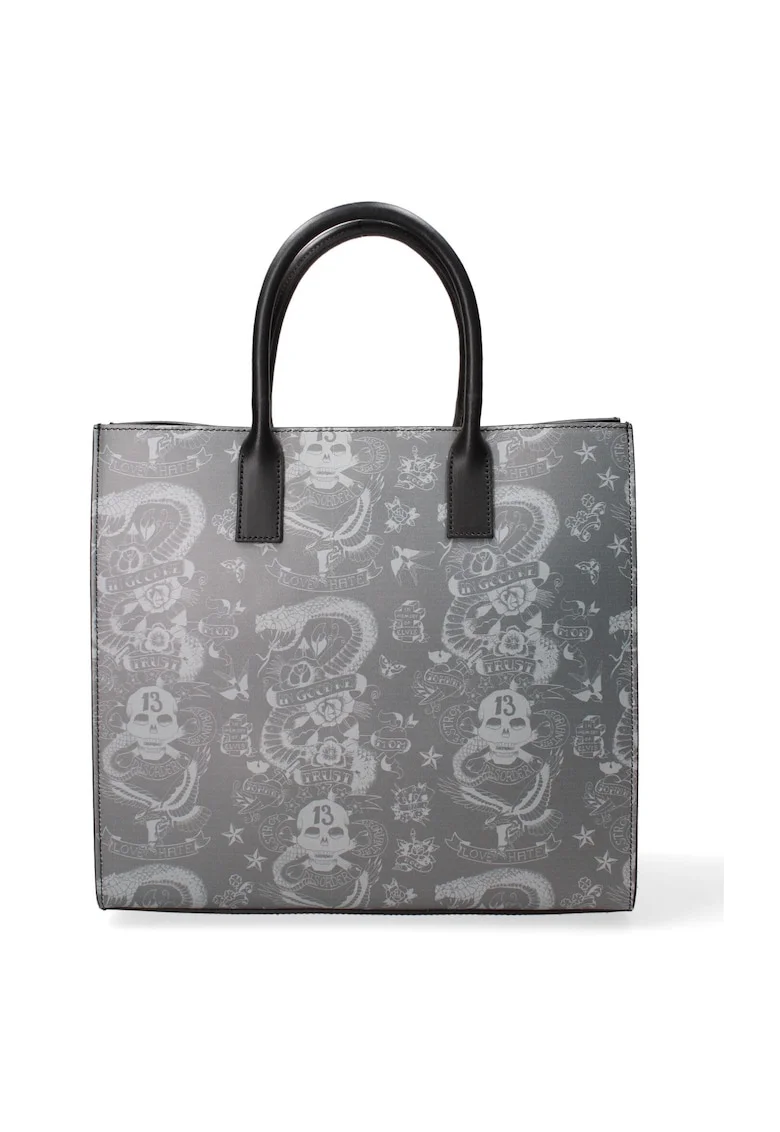 John Richmon, Geanta tote din piele cu model, Negru/Multicolor